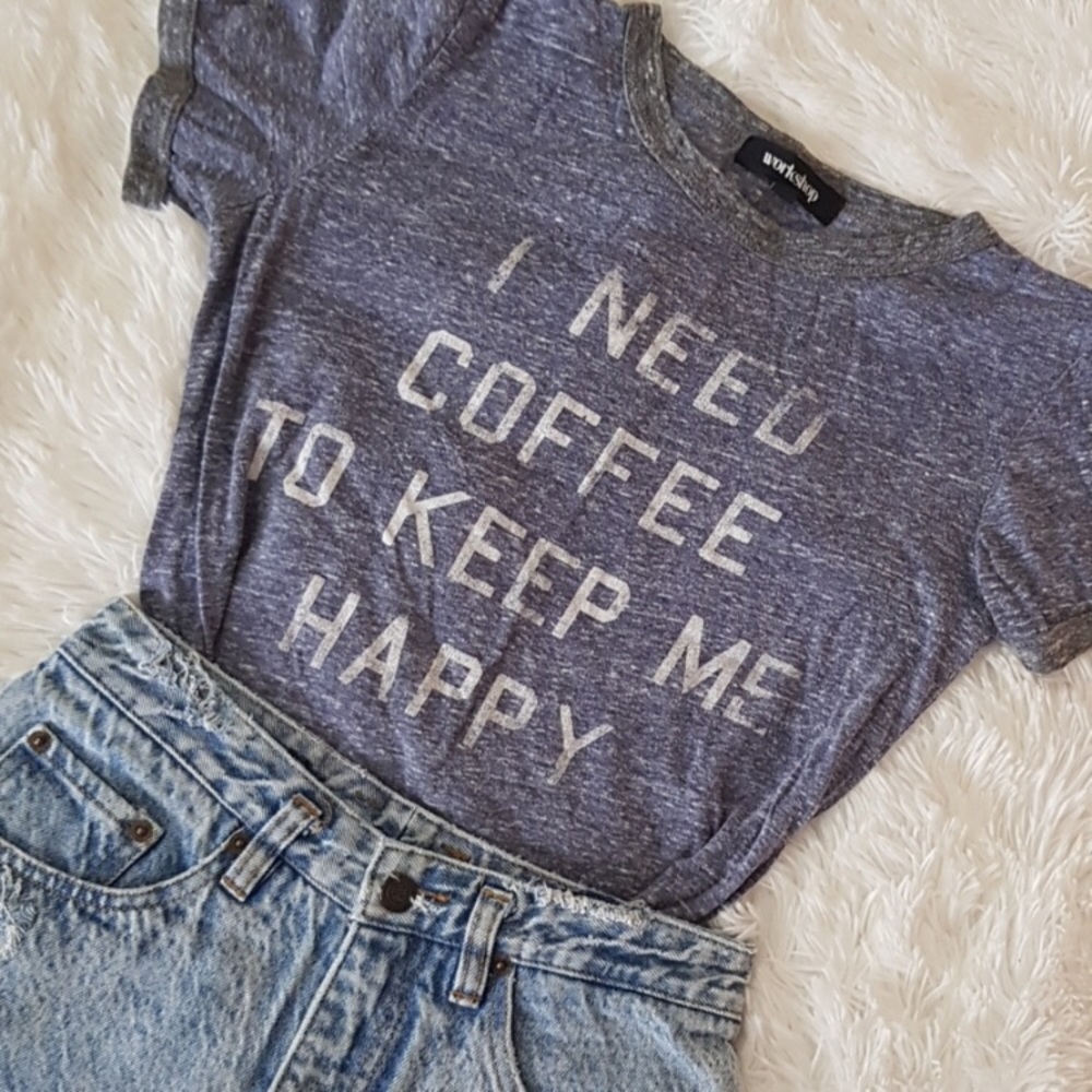 ☕COFFEE HAPPY QUOTE T SHIRT BLUE WHITE SPECKLES